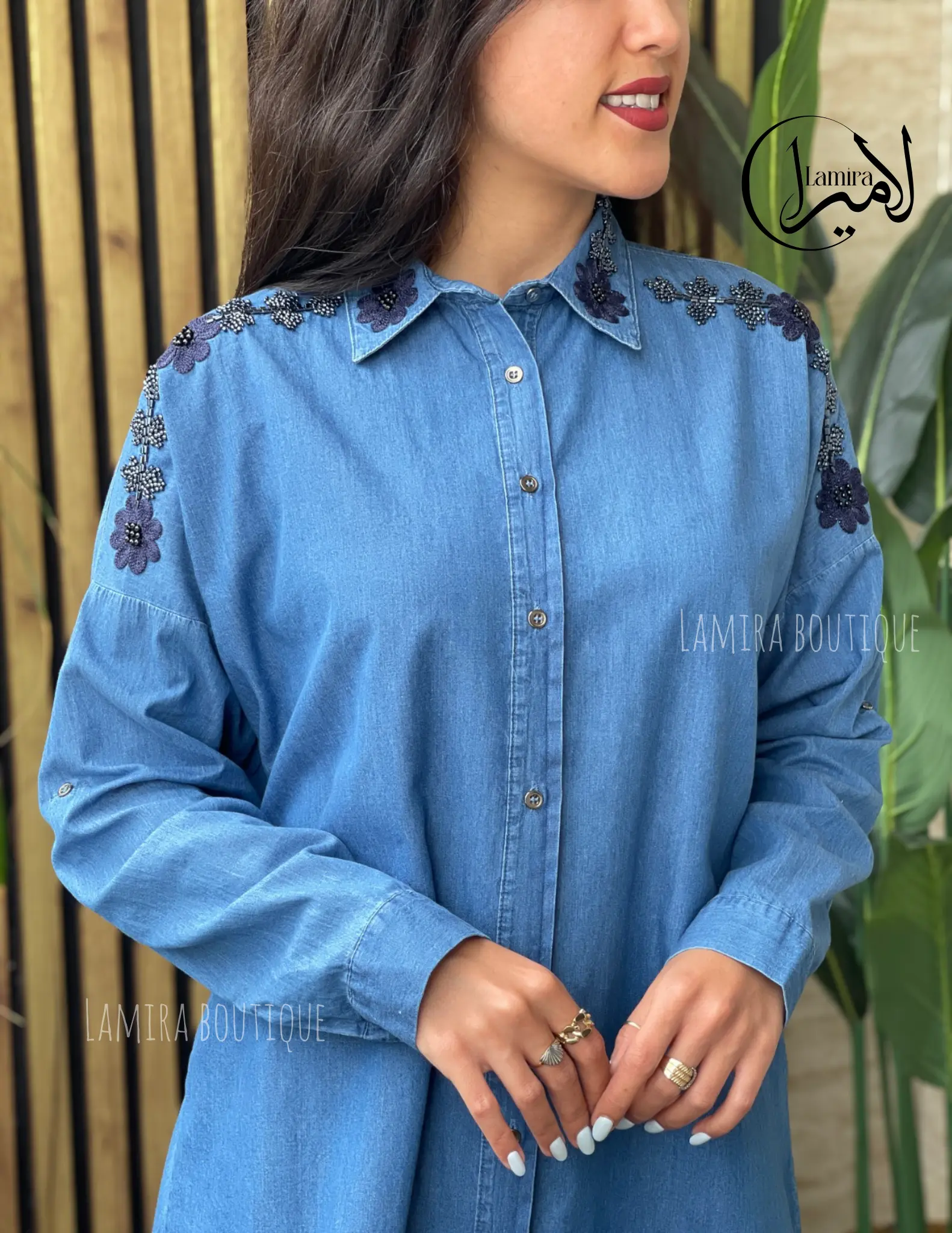 شومیز مجلسی مانتویی جین طرح شکوفه